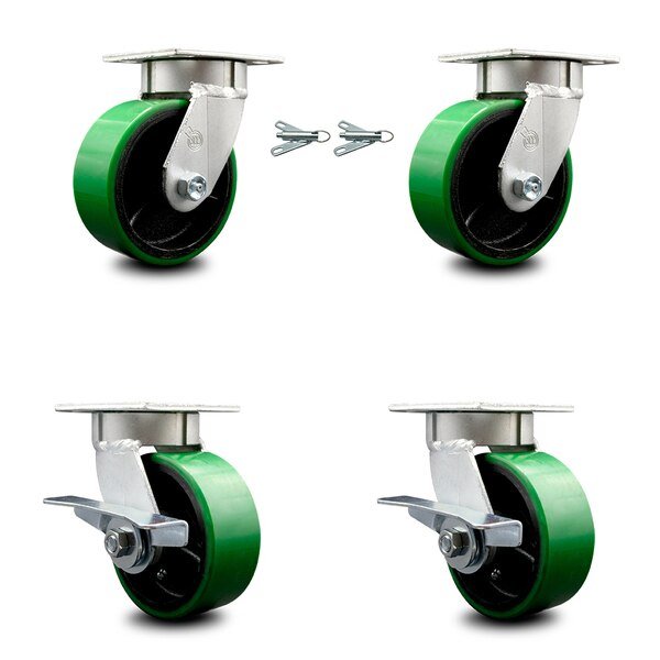 5 Inch Kingpinless Green Poly on Steel Wheel Caster Swivel Locks 2 Brakes, 2PK, Service Caster, Mfr#: SCC-KP30S520-PUR-GB-BSL-2-SLB-2